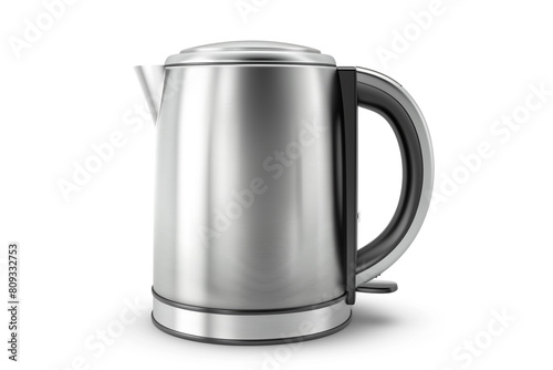 A compact electric kettle with a stainless steel body and a cord storage compartment isolated on a solid white background.