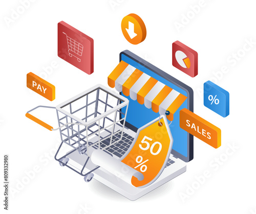 Discount online shopping ecommerce infographic flat isometric 3d illustration