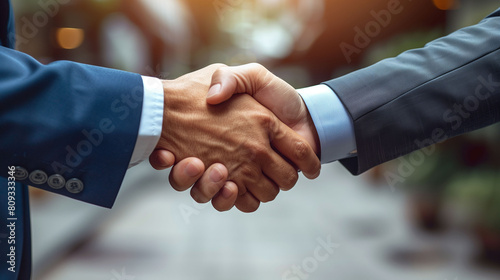 Businessmen shake hands and discuss, showing data as graphs