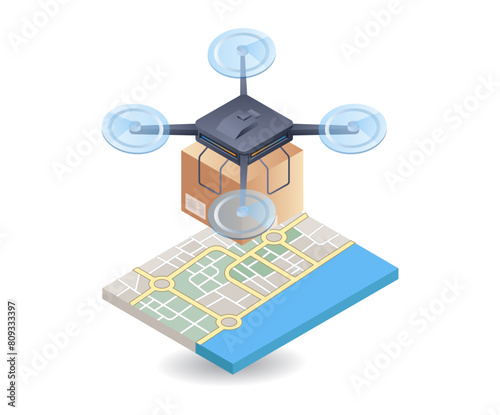 Drone delivering goods with location map, flat isometric 3d illustration infographic