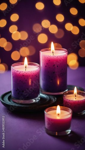 Candlelit Serenity  Pink Aroma Candles Aglow on Blurred Purple Backdrop