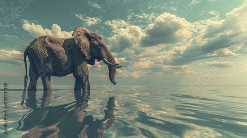 elephant in ocean with mirrors and ripples at water surface. Generative Ai