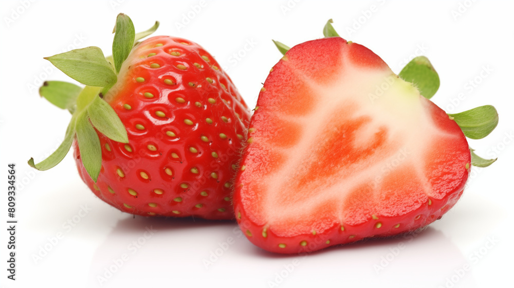 Vibrant Red Whole and Halved Strawberries on White Background Vibrant Red Whole and Halved Strawberries on White Background