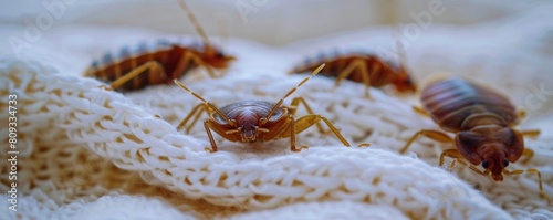 Bedbug infestation close-up on fabric photo