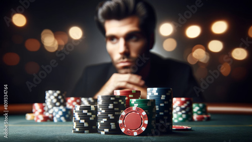 Focus on Risk Colorful Casino Chips and Blurry Gambler