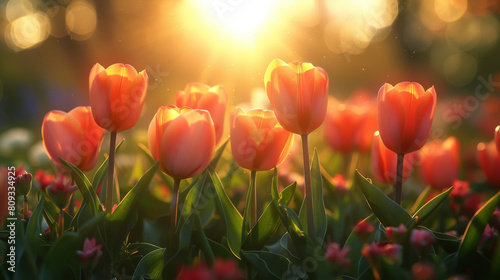 A field of bright orange tulips with the sun shining on them