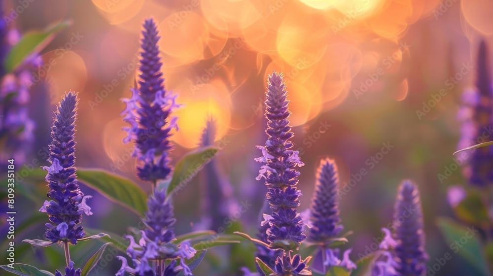 Obraz premium Close-up of purple flowers growing on field during sunset