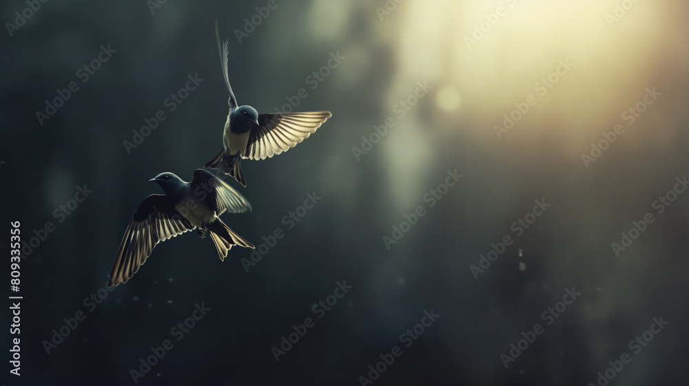 Obraz premium Two swallows in flight during golden hour in a tranquil forest setting.