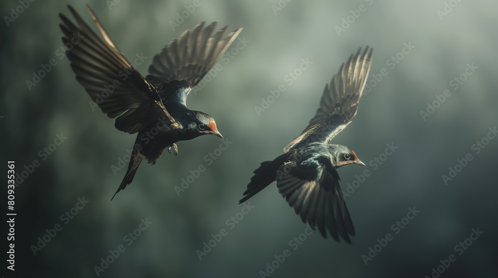 Two birds in graceful flight amidst sunlit mist. Two birds in graceful flight amidst sunlit mist.