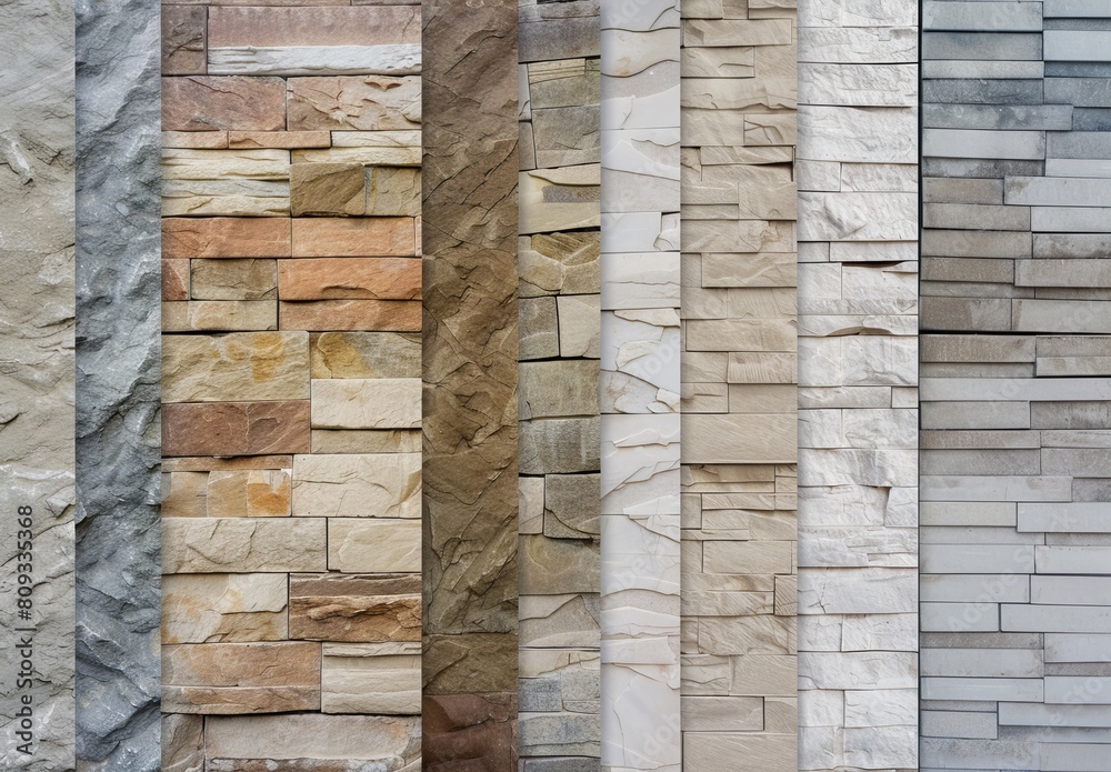 This high-resolution image showcases a selection of stone wall panels with different colors and textures, perfect for backgrounds, architecture details, or design elements in various projects