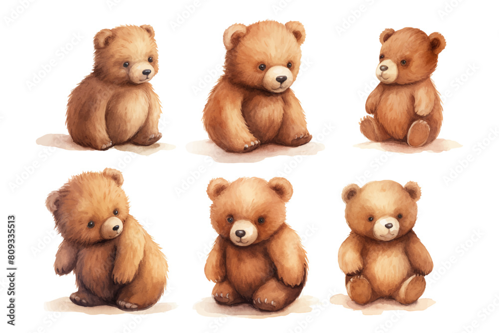 Set of 5 super cute brown teddy bear watercolor isolated on white background