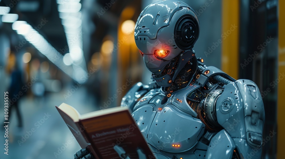 Photo of an AI robot holding and reading an open red book on a dark blue background Photo of an AI robot holding and reading an open red book on a dark blue background