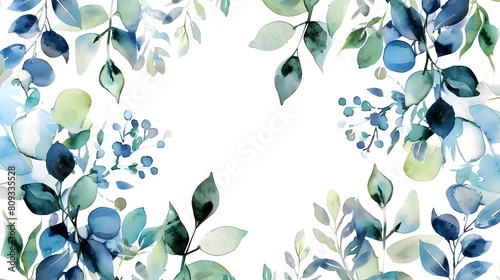 Watercolor painted greenery frame template. Bouquet with green, blue branches and leaves. Seamless