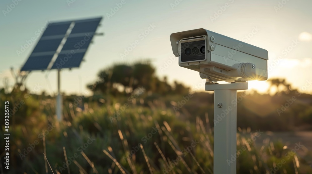 Solar-powered surveillance camera in field at sunset Solar-powered surveillance camera in field at sunset