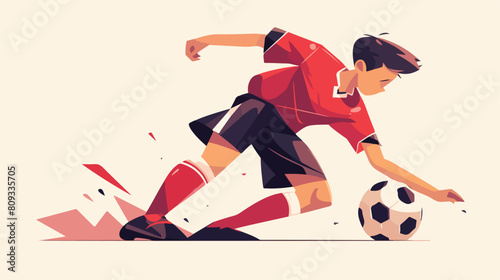 Soccer or football player in uniform kicking ball w