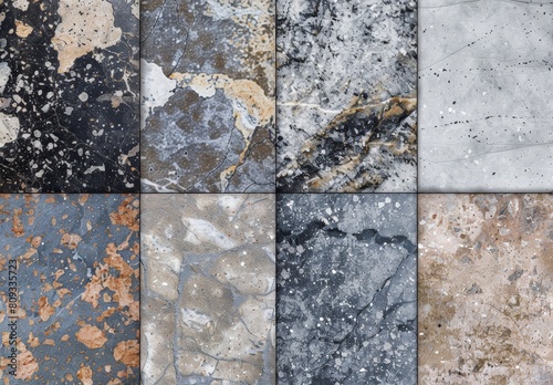 Collage featuring eight varied natural stone textures. Showcasing intricate patterns and a diverse color palette. Ideal for backgrounds. Design elements