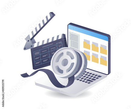 Data folder video movie editing technology infographic 3d illustration flat isometric