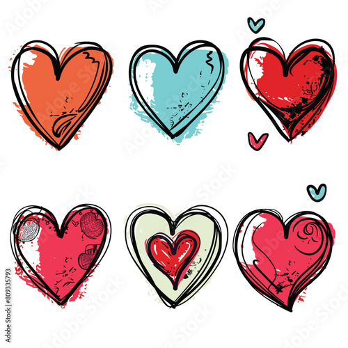 Six handdrawn hearts various colors textures, creative artistic love symbols. Grunge style hearts illustrations, red, blue, orange heart designs. Love concept, Valentines Day greeting card elements