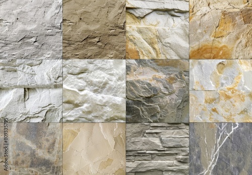 Collage showcasing 12 different natural stone textures, representing a diverse array of patterns and colors suitable for backgrounds, wallpapers, or architectural design inspiration