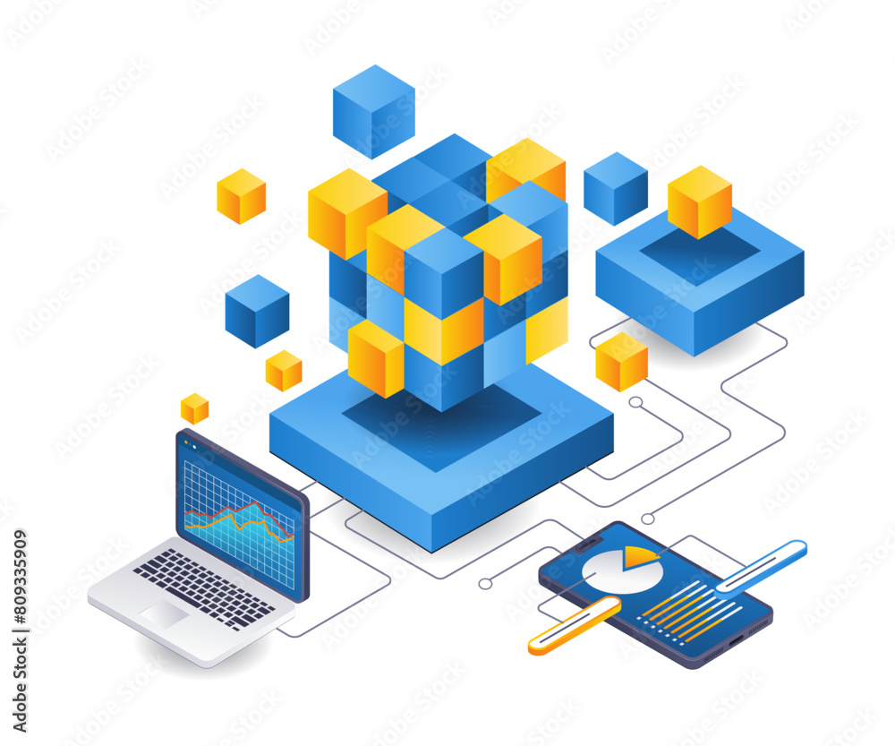 Data analysis blockchain technology business management illustration