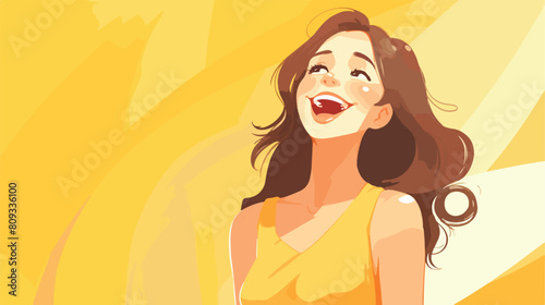 Smiling young woman with healthy teeth on yellow ba