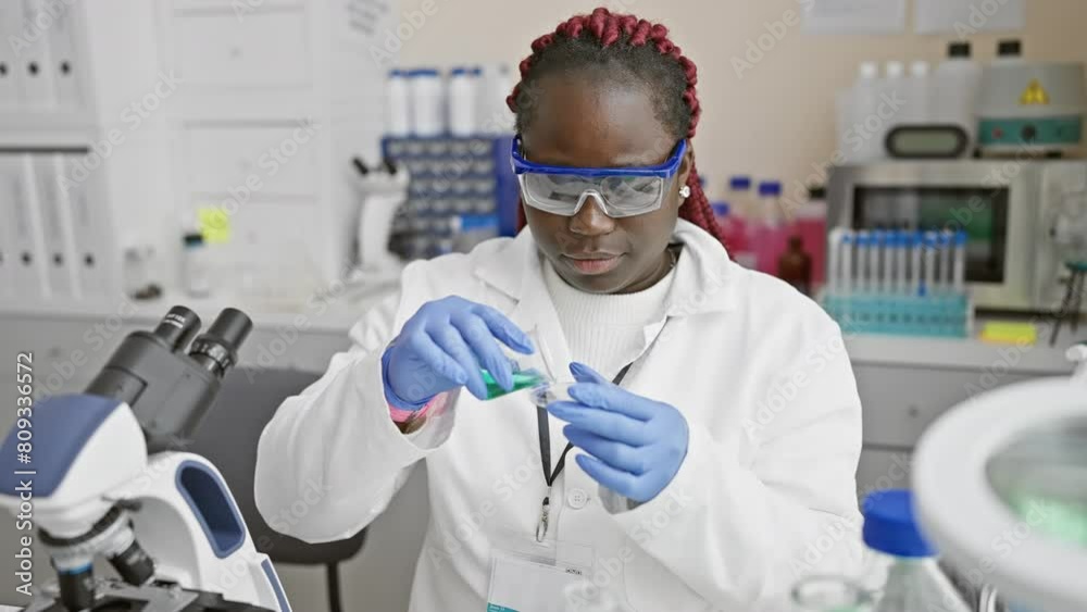 African female scientist analyzing samples in a lab, equipped with a microscope and protective goggles. African female scientist analyzing samples in a lab, equipped with a microscope and protective goggles.