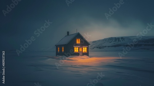 Small house in the middle of empty snow field.