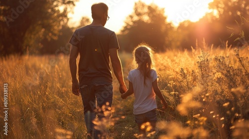 Concept of father`s day! happy family dad and child daughter back view in nature, soft light photography