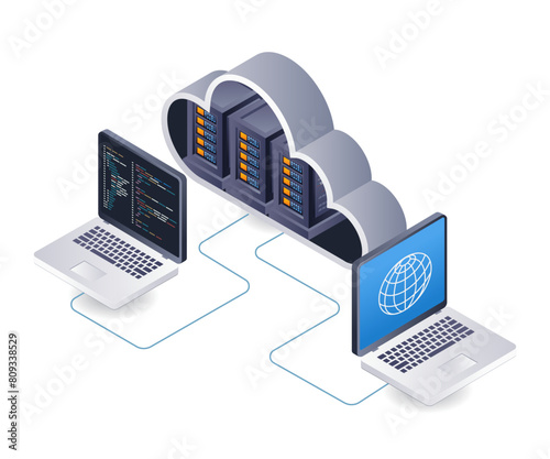 Computer network program cloud server technology analyst infographic 3d illustration flat isometric