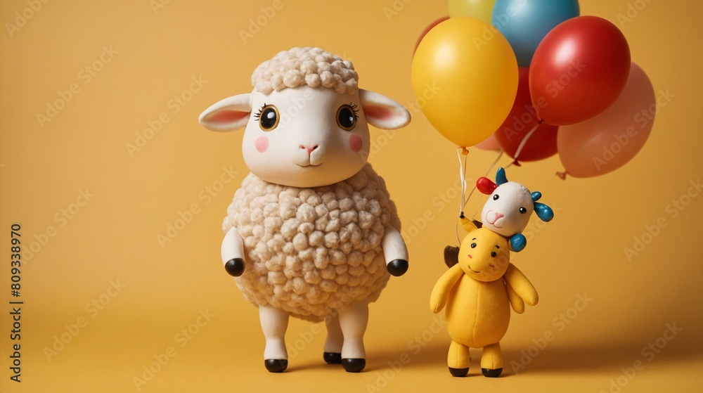 Fototapeta premium A cute and stylish small sheep and small cow hold a blank sign, against a green meadow background, offering a fun and playful concept for your message.