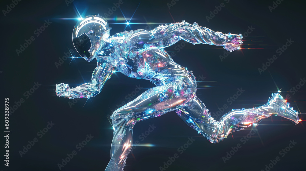 Fototapeta premium 3D render a figure clad in gleaming plastic aluminum or chrome attire, complete with a dazzling iridescent helmet and footwear