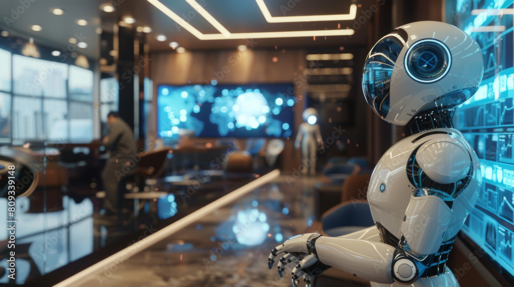 A sophisticated robot in a high-tech office environment, depicting modern automation. A sophisticated robot in a high-tech office environment, depicting modern automation.