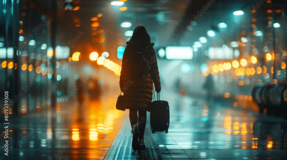 A lone woman carries her luggage through a brightly lit, modern subway station at night, creating a mood of solitude and travel.
