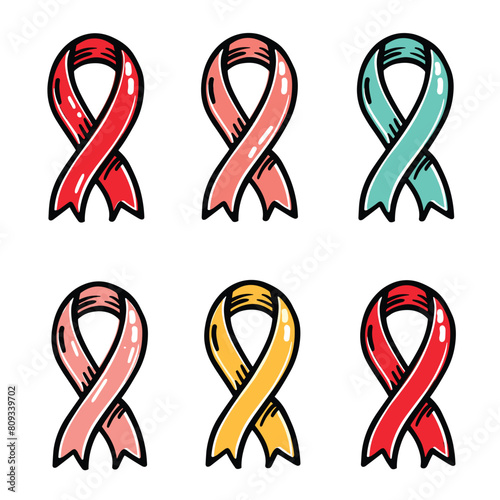 Illustration six colorful ribbons symbolizing support awareness different causes, ribbon handdrawn, representing variety colors including red, pink, teal, yellow. Cartoonstyle awareness ribbons