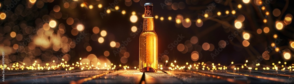 A beer bottle placed in the center illuminated by warm fairy lights A beer bottle placed in the center illuminated by warm fairy lights