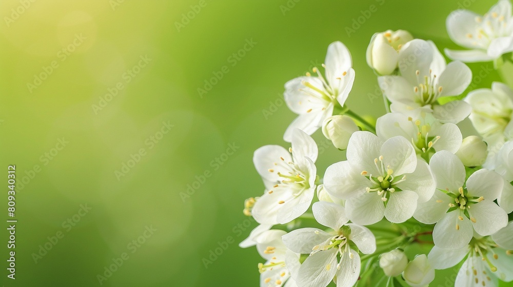Fototapeta premium Delicate white flowers cluster together against a solid green backdrop
