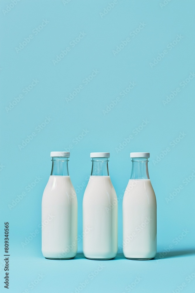 Three milk bottles in a row on a minimalist blue backdrop capturing a clean Three milk bottles in a row on a minimalist blue backdrop capturing a clean