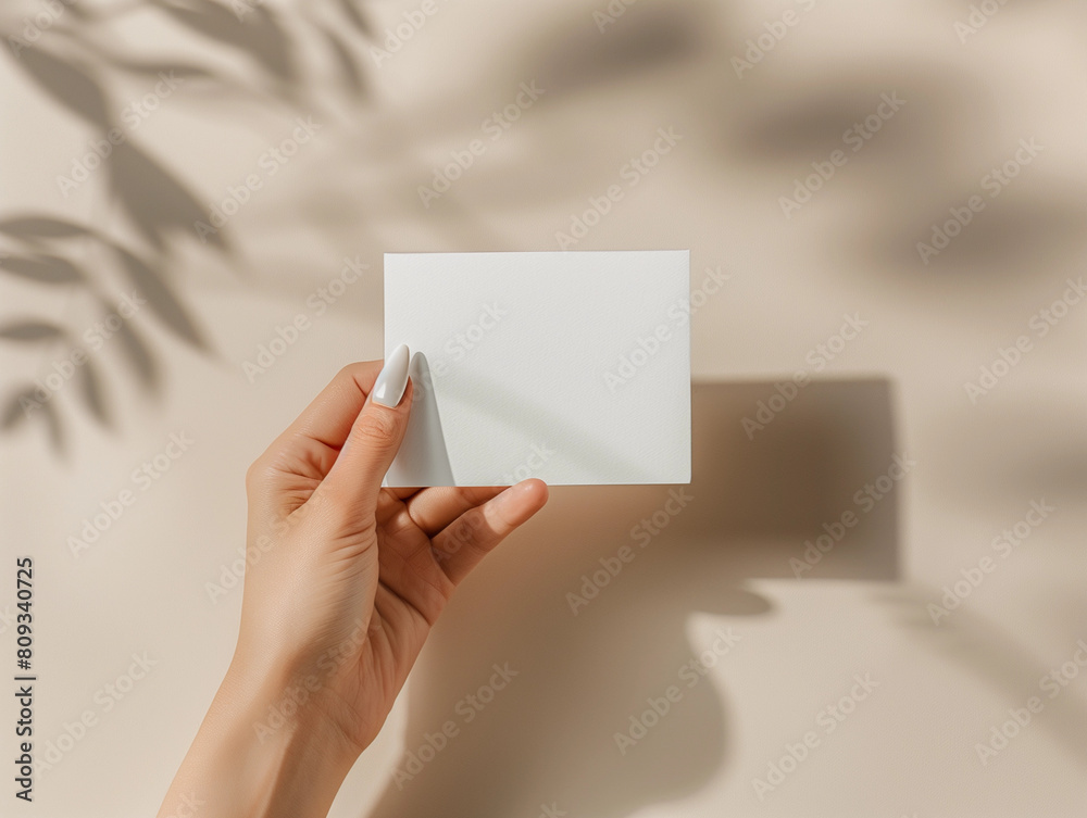 Feminine Female ladies hand holding blank white card mockup for VIP gift voucher business promo mock-up bone shady sunny outdoor palm tree leaf shadow coastal template beauty branding minimal design Feminine Female ladies hand holding blank white card mockup for VIP gift voucher business promo mock-up bone shady sunny outdoor palm tree leaf shadow coastal template beauty branding minimal design