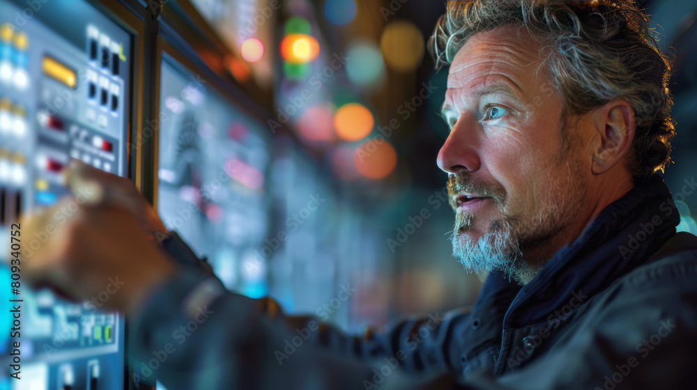 Mature sound engineer intently adjusting controls on sophisticated studio equipment. Mature sound engineer intently adjusting controls on sophisticated studio equipment.