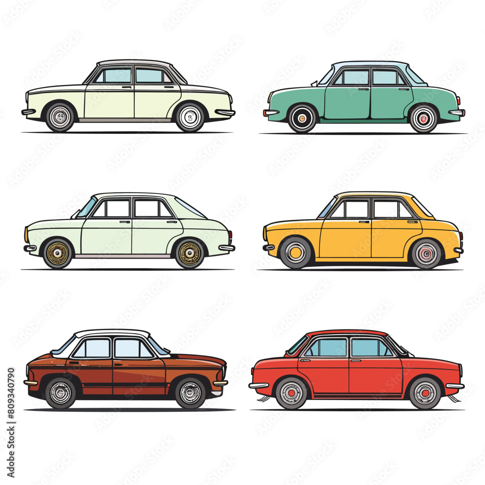 Vintage cars collection side view different colors classic automobile design transport theme. Retro vehicles set colorful car illustrations profile isolated white background. Classic cars vector