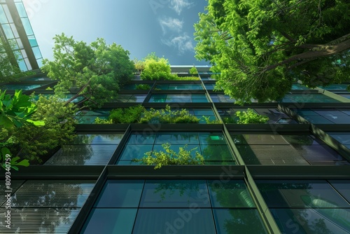 Green Building with Glass Walls and Rooftop Garden, Symbolizing Sustainability in Architecture