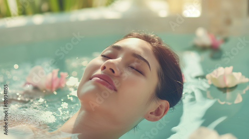 A beautiful asian woman enjoying and relaxing in the swimming pool of a spa with closed eyes and smiling