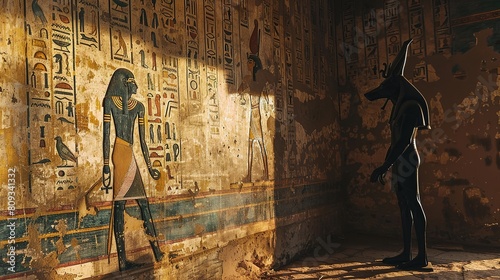 ncient egypt color image of anubis on wall in luxor photo