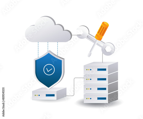 Cloud server security maintenance technology infographic 3d illustration flat isometric