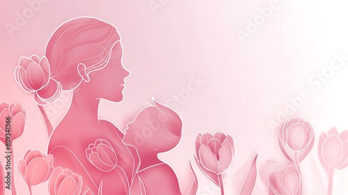 Mother and Child Silhouette Amidst Blooming Tulips, Embrace of Love - Happy Mother's Day, Abstract Motherhood, Mother's loves, Pink Background With Mother with Kids and Blooming Tulips Flowers  #809341366