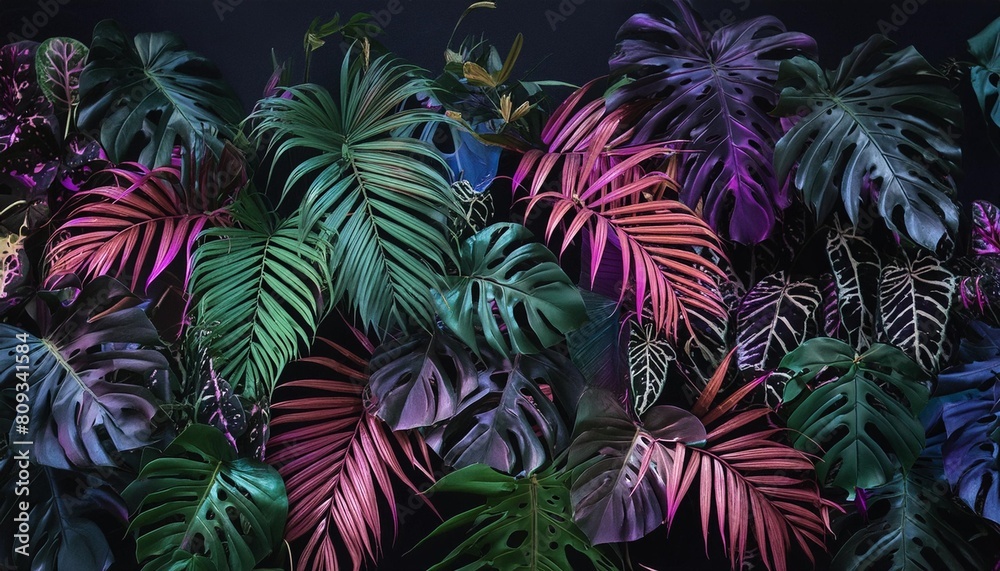 many brightly colored tropical plants are on a black wall