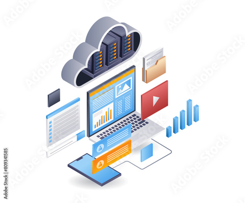 Computer data analyst business company, infographic 3d illustration flat isometric