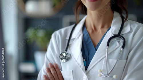 Portrait of a confident female doctor wearing a lab coat and stethoscope in a modern hospital.