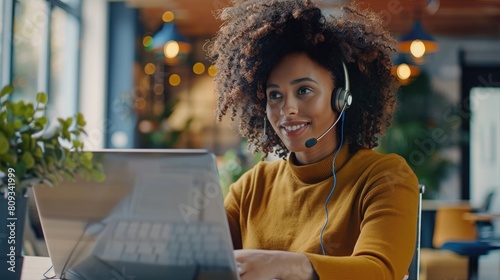 Contact us, customer service and telemarketing call center agent using her laptop and headset in the office, Portrait of a woman at our sales help desk job, smile and working to tell you about us