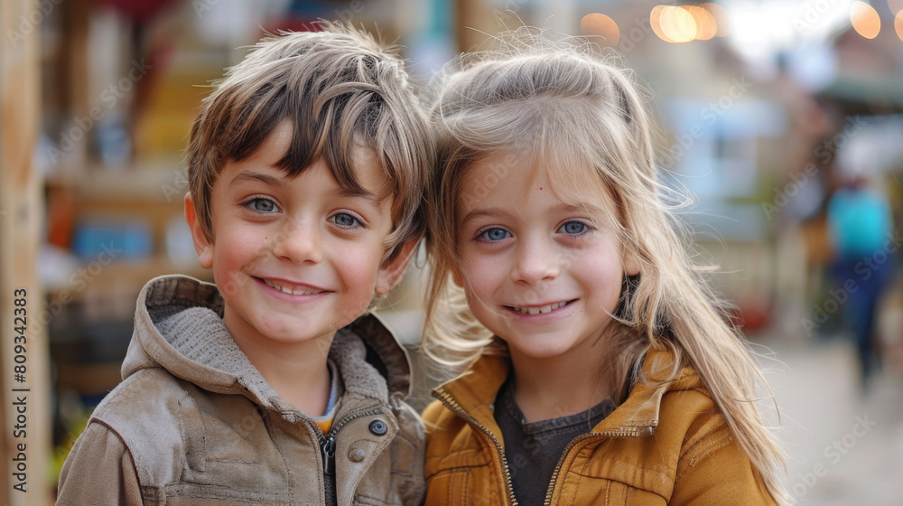 Two happy young children, a boy and a girl, smiling broadly as they enjoy a fun day outdoors. Two happy young children, a boy and a girl, smiling broadly as they enjoy a fun day outdoors.